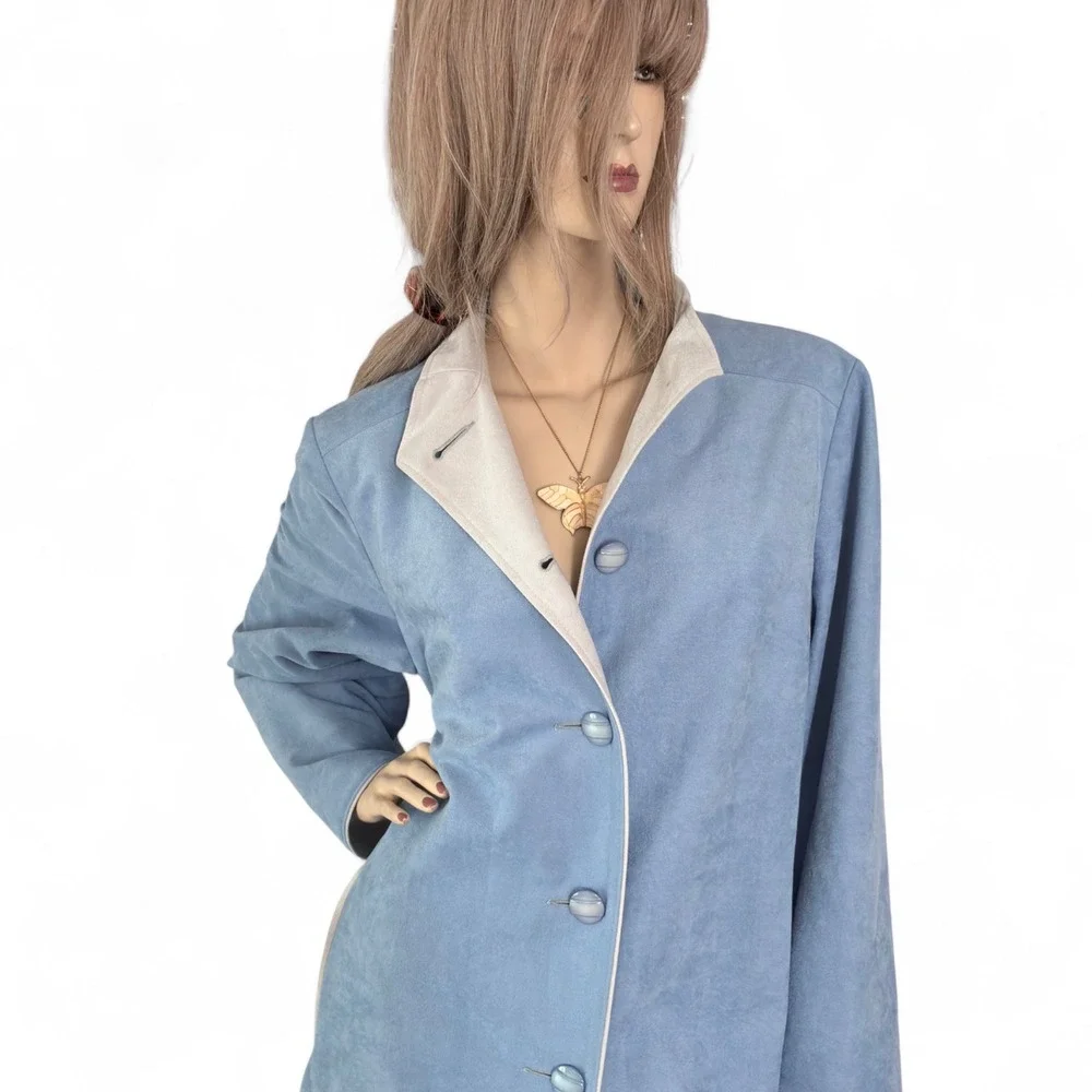 Vintage 80s Blue Faux Suede Midi Coat | Retro Soft Girl Coquette Academia Jacket